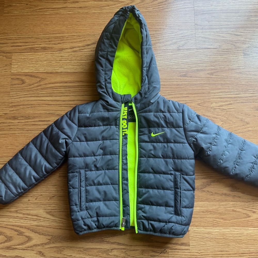 Nike Gray and Green Puffer Jacket with Hood